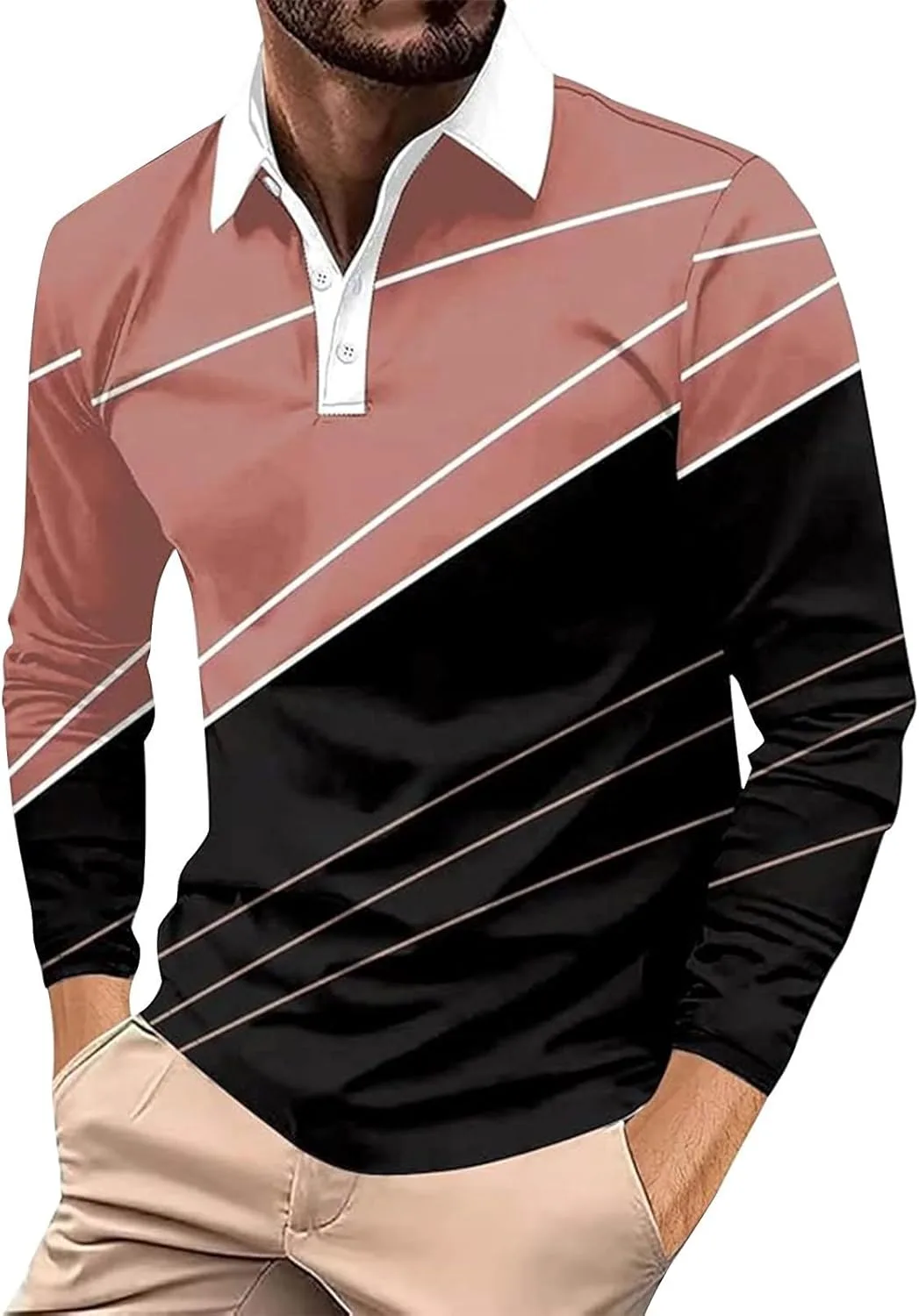 

Мужская поло с длинным рукавом и воротником на пуговицах, цветной блок