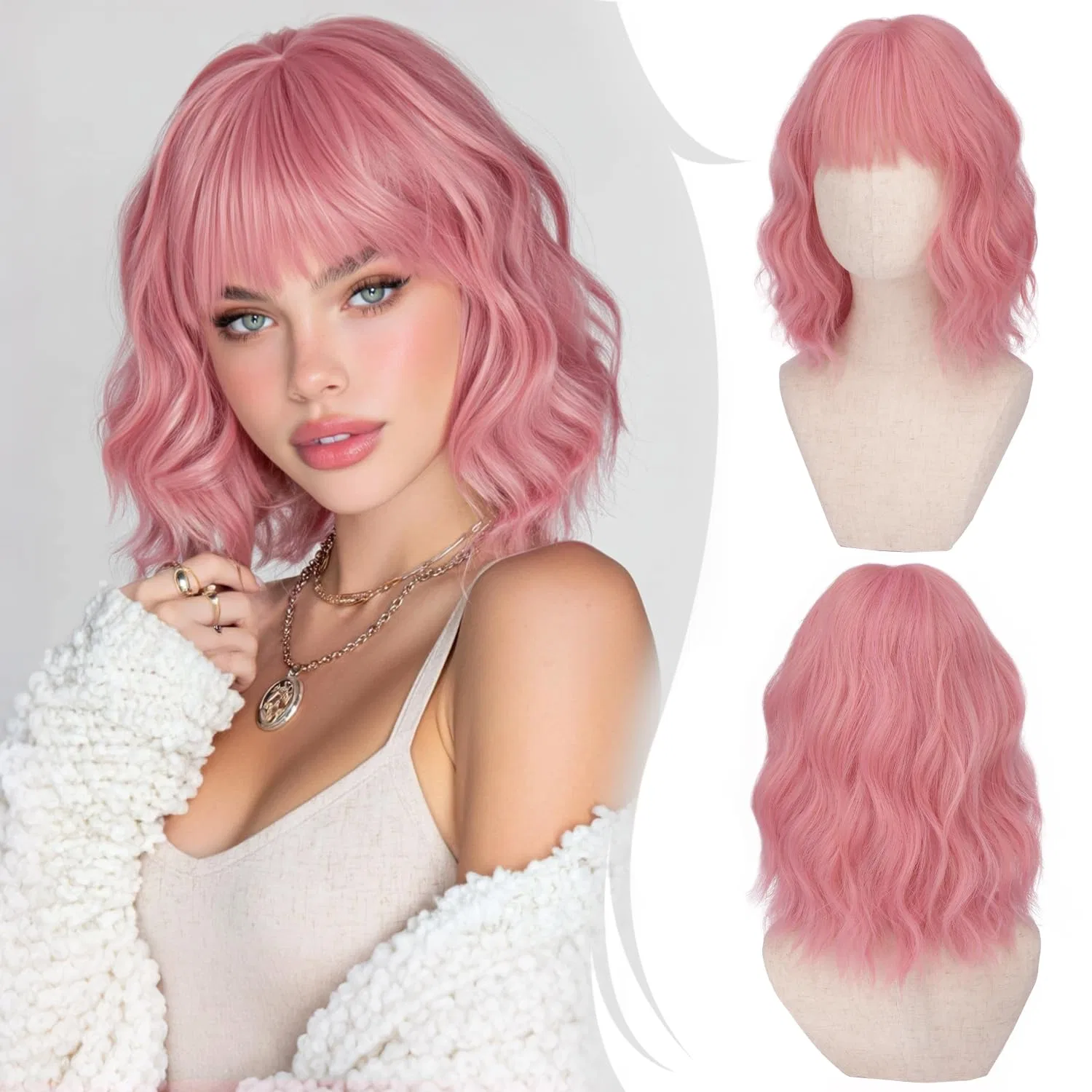 Женский короткий волнистый парик-боб RUWISS с челкой, розовый, 35 см Ruwiss, Pink