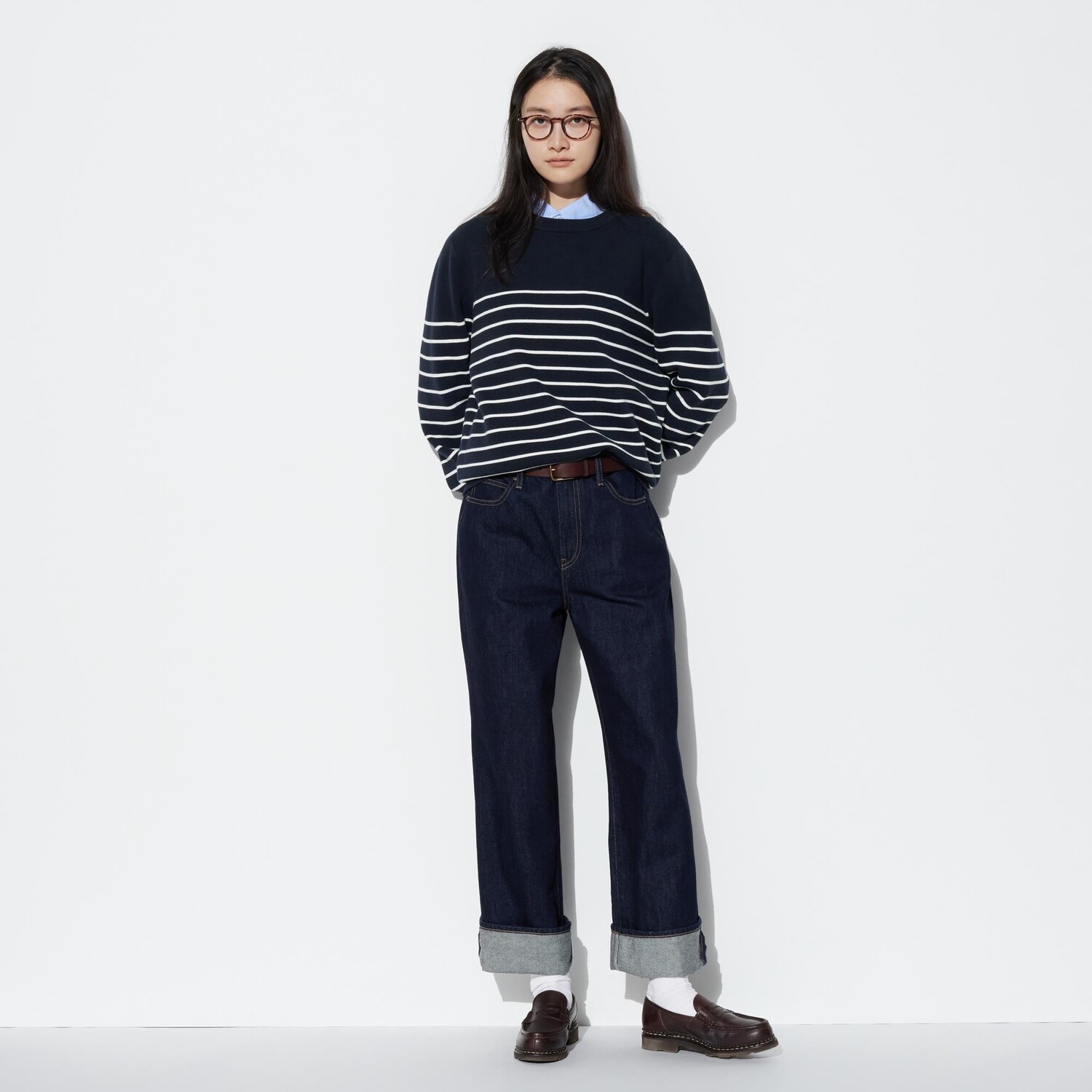 Джемпер Uniqlo мужской с круглым вырезом в полоску, темно-синий — фото 2