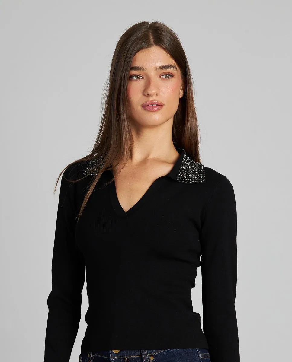 

Женский вязаный топ с воротником-отложным и декором из камней, с V-образным вырезом Alma en Pena, черный