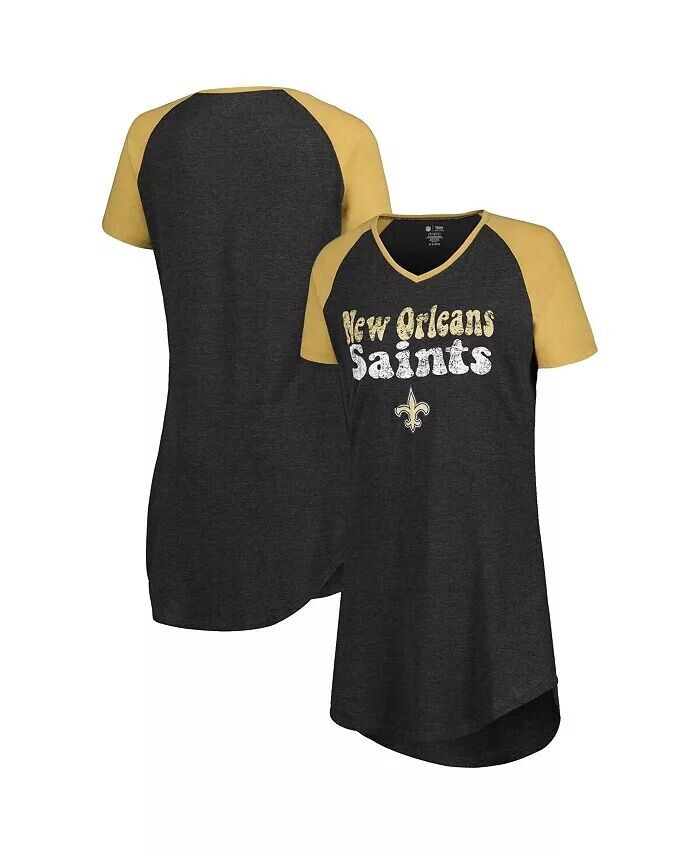

Женская ночная рубашка реглан с v-образным вырезом New Orleans Saints черного и золотого цвета с потертостями Concepts Sport, черный