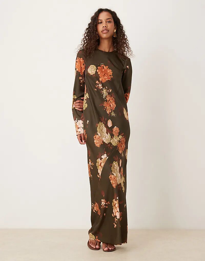 

Платье-комбинация макси из матового атласа со швами ASOS DESIGN с шоколадным цветочным принтом