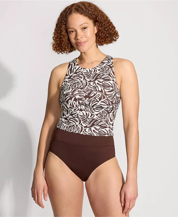 

Женский топ-мидкини с высоким воротом и рейсербэком Lands' End, коричневый