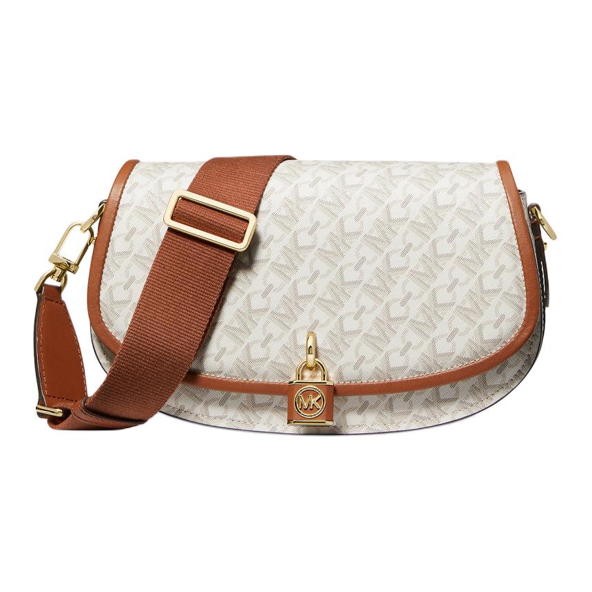 

Michael Kors Женская сумка через плечо Mila из канваса с покрытием, средний размер, цвет экрю и коричневый