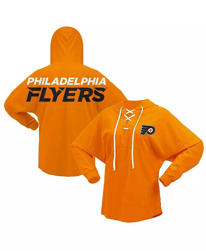 

Женская оранжевая футболка Philadelphia Flyers Jersey с капюшоном и V-образным вырезом на шнуровке с длинным рукавом Fanatics