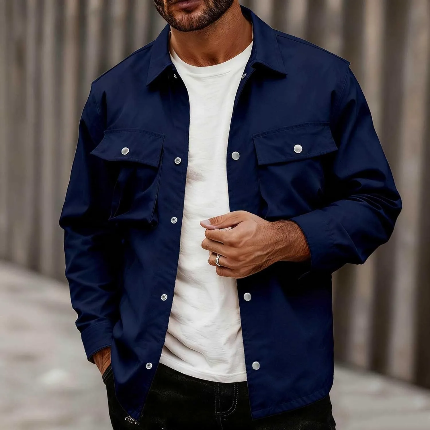Мужская рубашка-карго, куртка, рабочая рубашка с длинным рукавом, тактическая рубашка на пуговицах, рабочая одежда, топы из саржи для походов и рыбалки с карманом Generic, темно-синий — фото 2