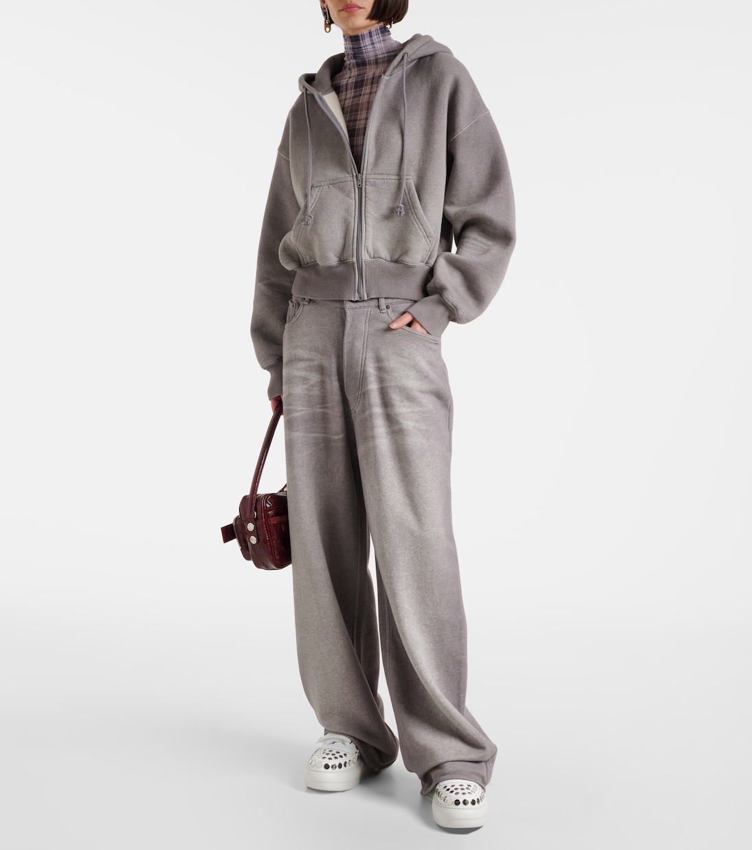 Широкие брюки из хлопкового флиса со средней посадкой Acne Studios, Grey Melange — фото 2