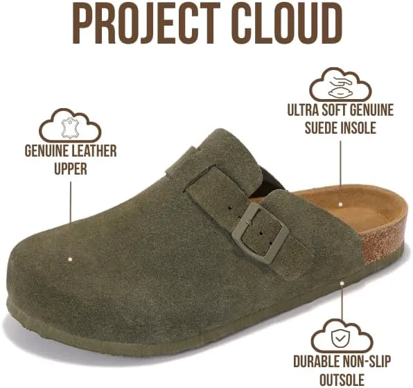 Мужские сабо Project Cloud - 100% натуральная кожа полного зерна, с мягкой подошвой из памяти формы и поддержкой свода стопы, натуральная пробковая стелька - нескользящие домашние тапочки для мужчин (Бруклин), оливковый