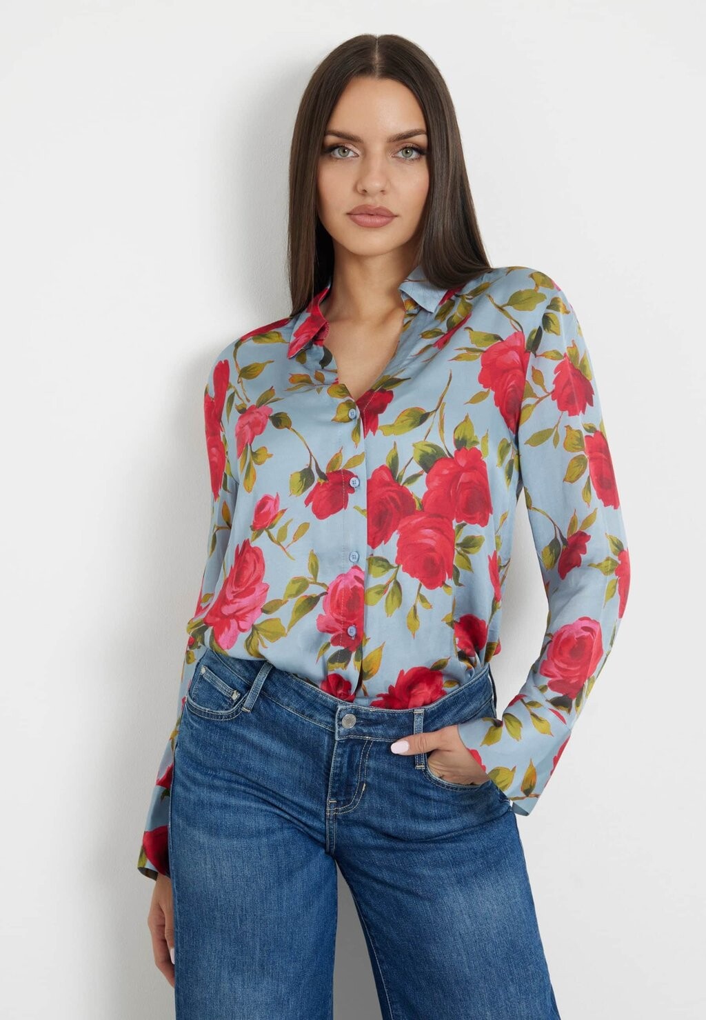 

Блузка на пуговицах BLUMENPRINT Guess, цвет Blumenmuster Hell Blau