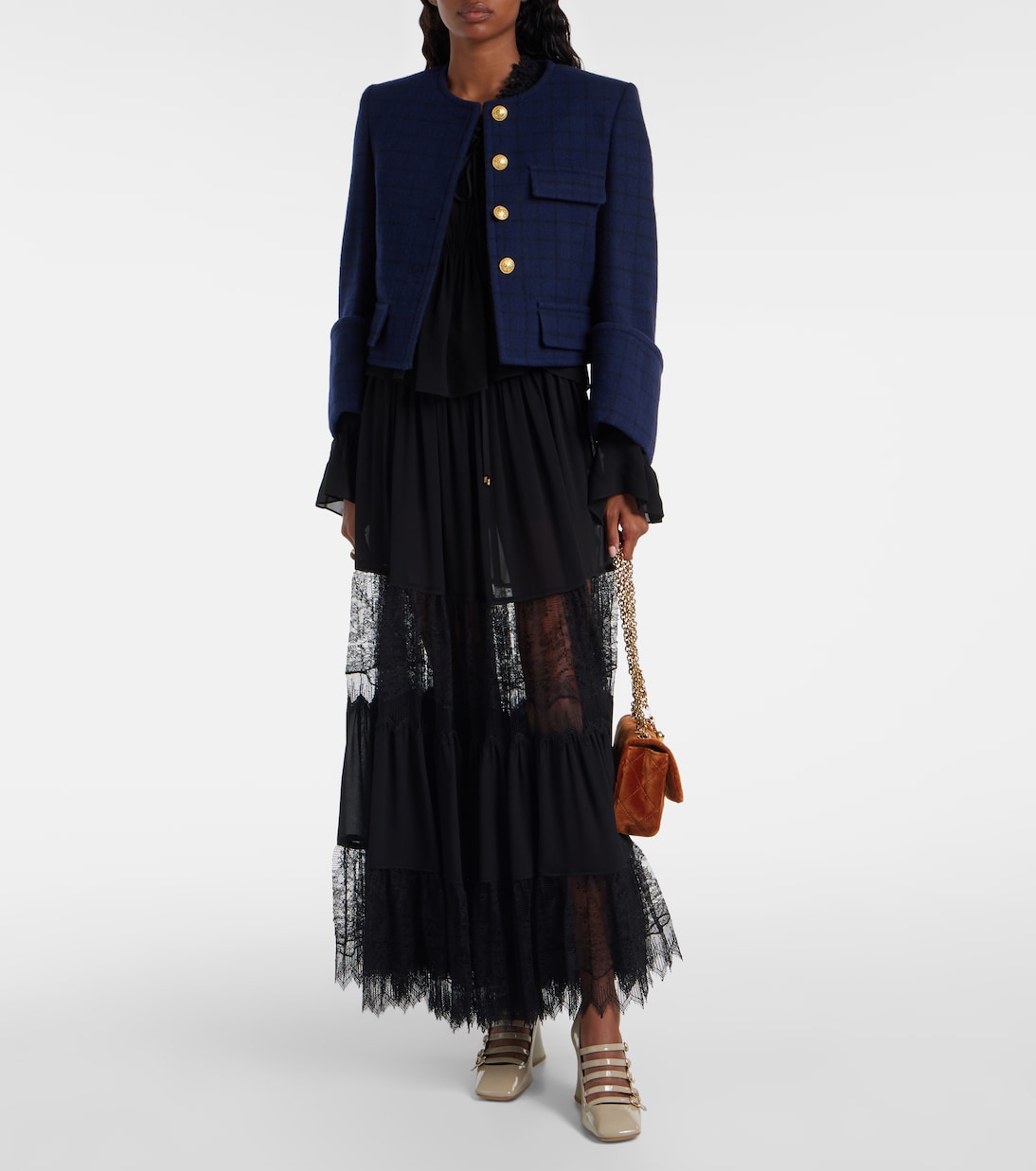 Укороченный жакет из смесовой шерсти в клетку Chloé, Dark Indigo — фото 2