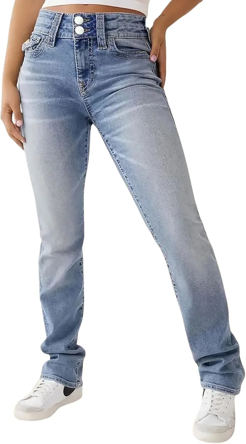 

Брюки-джинсы Bootcut для женщин Stretchy Mid Rise Double Button Wash Solid 90s Straight Leg TimeGofate