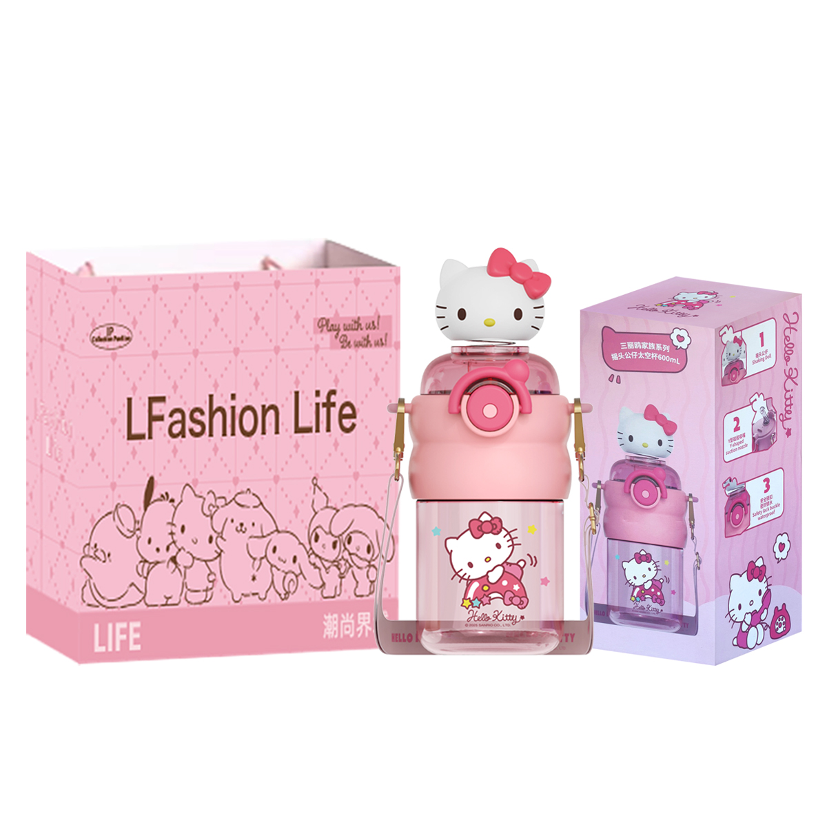 Коллекция Hello Kitty, коллекция My Melody, пластиковая бутылка для воды Tritan с соломинкой 600мл Sanrio, Kuromi+Shopping Bag — фото 2