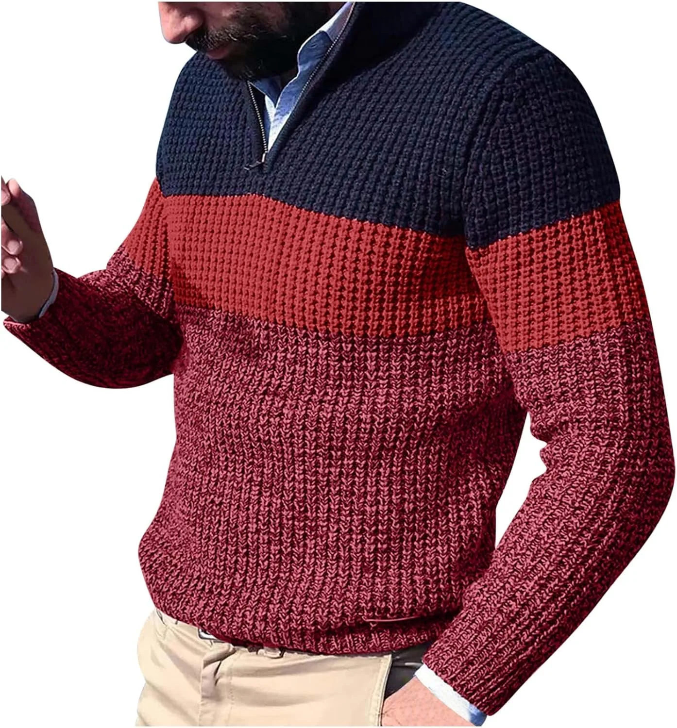 

Мужской свитер с четвертью молнии, вязаный, приталенный, цветной блок