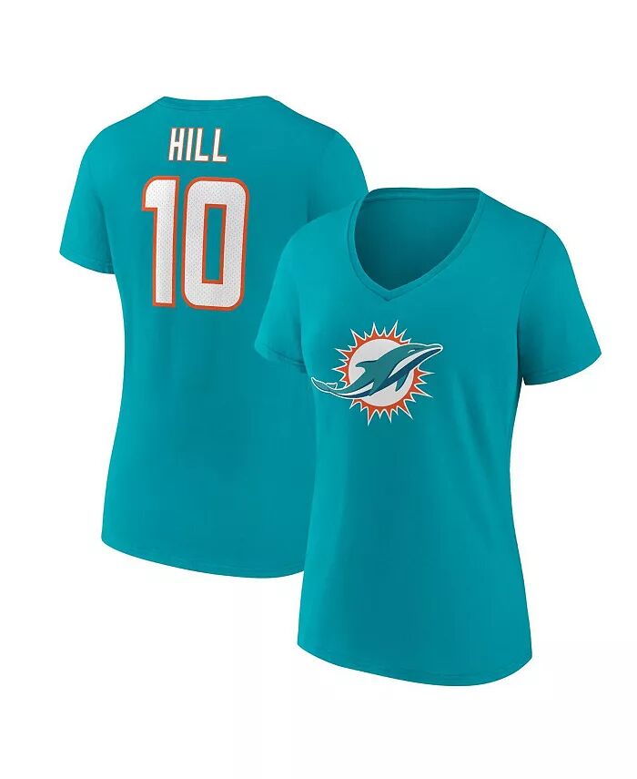 

Женская футболка Tyreek Hill Aqua Miami Dolphins с именем и номером игрока и V-образным вырезом Fanatics