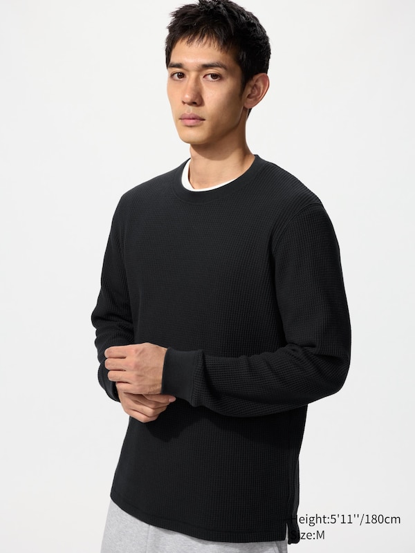 

Футболка с вафельной текстурой, круглый вырез, длинный рукав Uniqlo, 09 black, Черный, Футболка с вафельной текстурой, круглый вырез, длинный рукав Uniqlo, 09 black