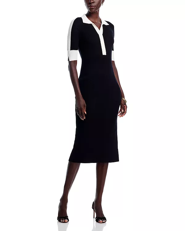 

Платье в рубчик с рукавами до локтя, V-образным вырезом и контрастной отделкой T Tahari, черный