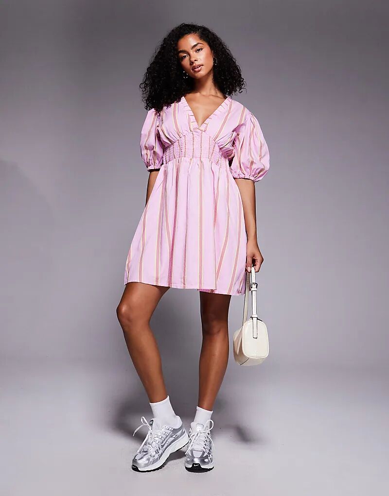 

Мини-платье River Island с рукавами-фонариками в розовую полоску