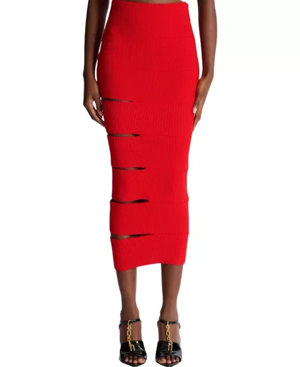 Длинная вязаная юбка с вырезами Balmain, Red