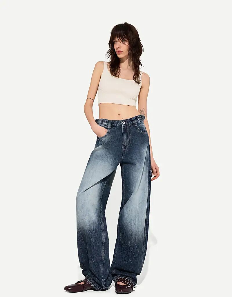 

Джинсы Bershka Petite с регулируемой посадкой-баллоном, темно-синего цвета