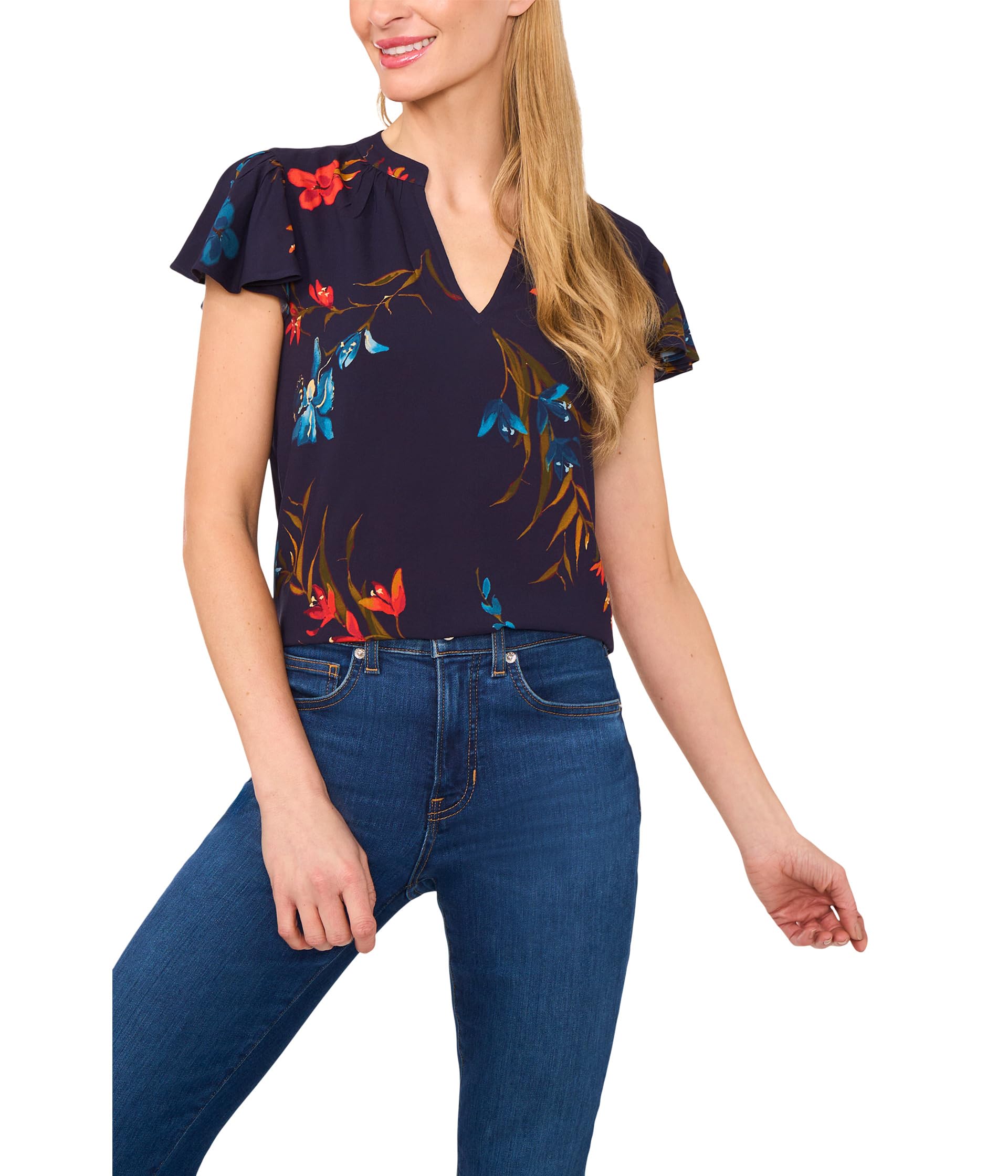 

Блуза CeCe V-Neck Shirred Neck Flutter Sleeve Blouse, Classic Navy
