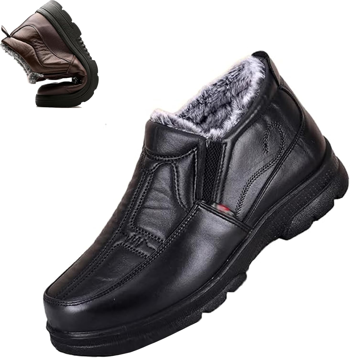 

Мужские зимние снегоходные сапоги из кожи с теплой меховой подкладкой, уличные, противоскользящие, удобные, на средний возраст и пожилых, легкие, повседневные лоферы для прогулок Generic, черный