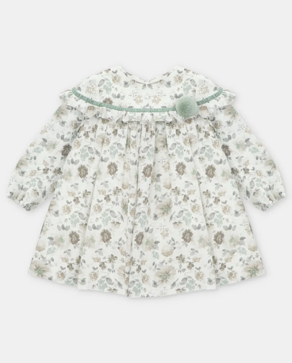 

Детское хлопковое платье с цветочным принтом и зеленым помпоном Martín Aranda