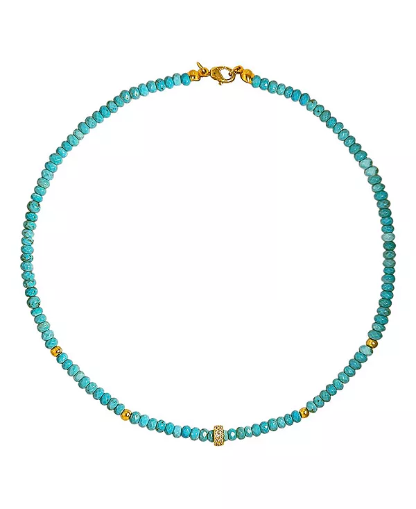 

Ожерелье из бирюзовых бусин с позолоченными ронделями и фианитами отлично подходит для многослойного ношения, регулируемое. Etoielle, turquoise