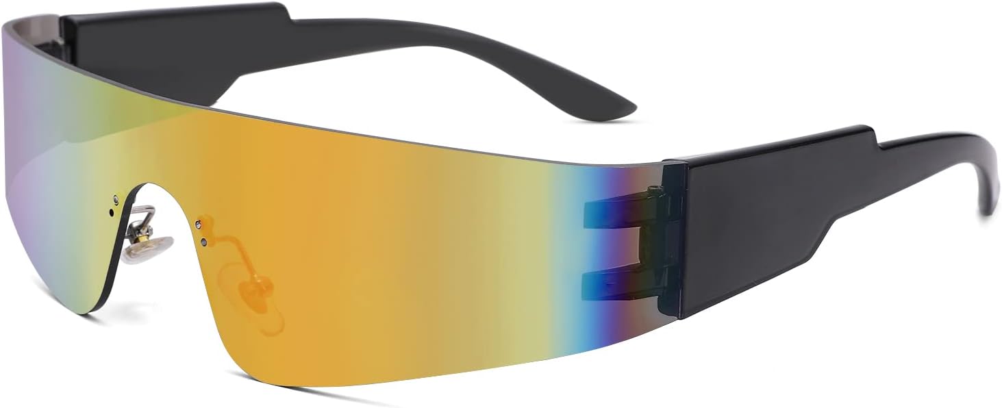 

COASION Солнцезащитные очки с обтекаемой формой для женщин и мужчин, модные, без оправы, футуристические, в стиле Y2k, с плоской верхней частью, стильные очки, A5 Grey / Multicolor Mirrored