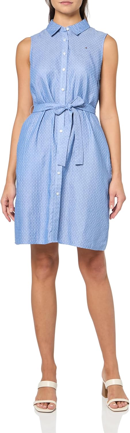 

Женское мини-платье-рубашка Tommy Hilfiger без рукавов с воротником, пуговицами спереди и завязкой на талии, Blue/Ivory