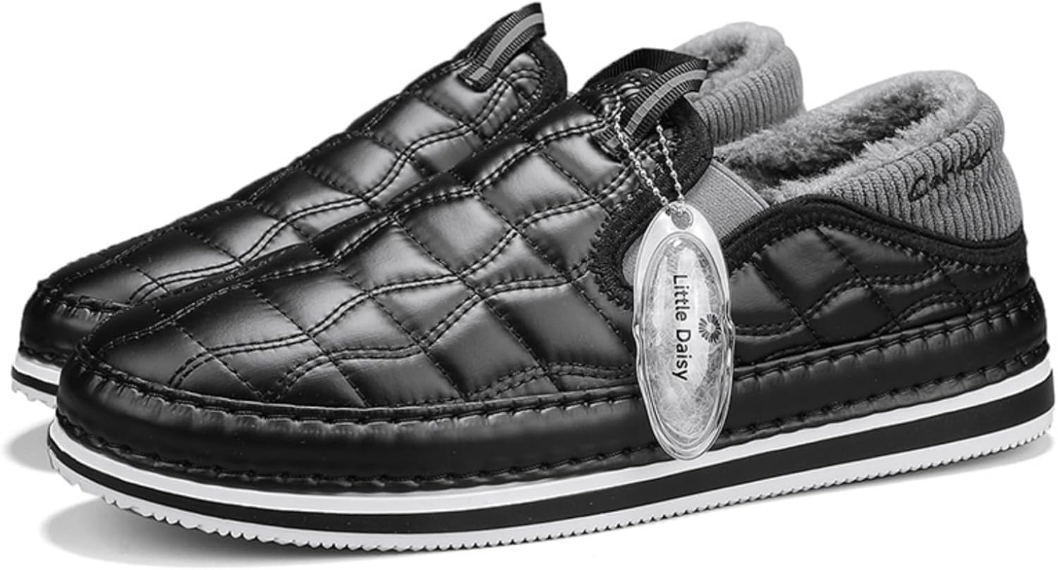 

Мужские зимние слипоны, утепленные флисом, стеганый верх, воротник с трикотажной отделкой, нескользящая резиновая подошва, комфортная мягкая стелька для повседневной носки и активного отдыха в холодную погоду Khwfjas, черный/серый