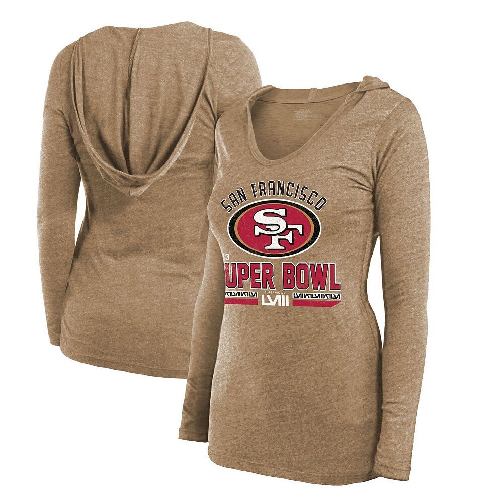 

Женская футболка с капюшоном Majestic Threads Gold San Francisco 49ers Super Bowl LVIII Hard Court Tri-Blend с длинными рукавами и v-образным вырезом, золотой