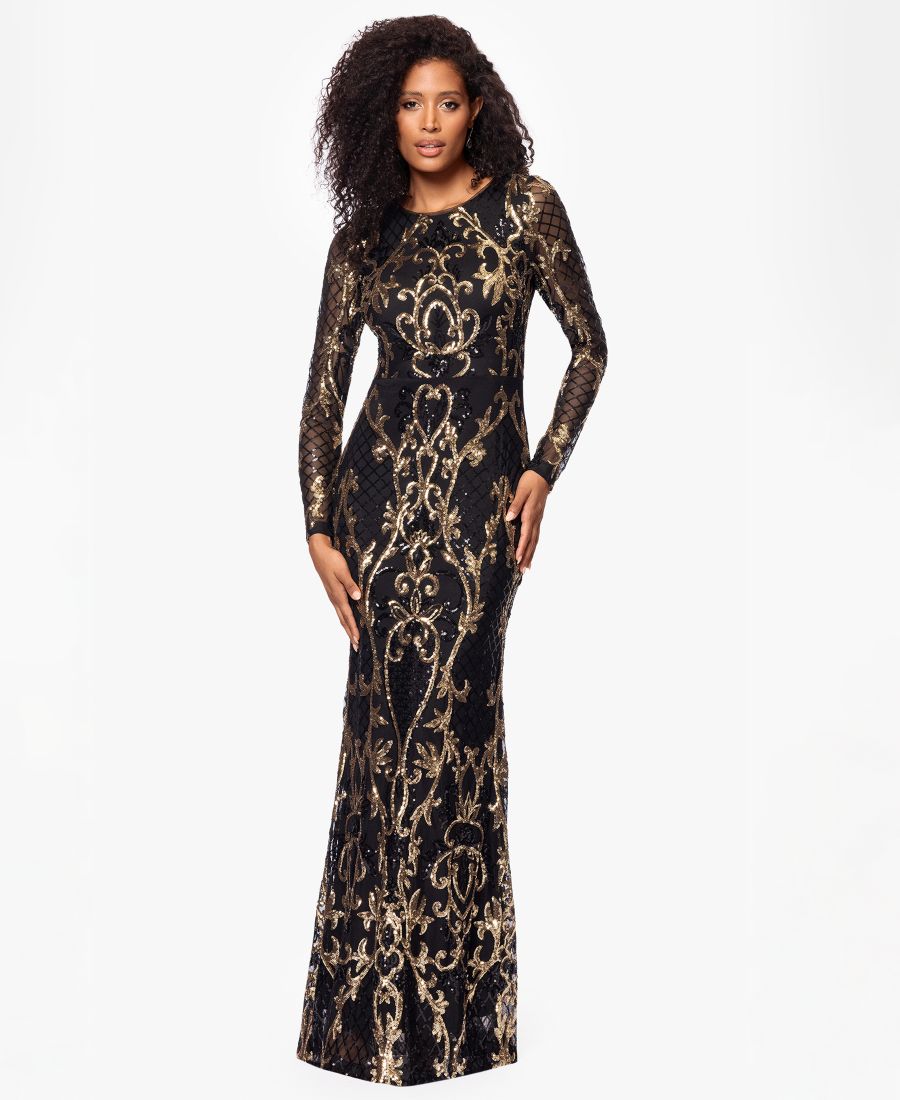 

Вечернее платье Betsy & Adam Petite с пайетками и сетчатыми рукавами B&A By Betsy and Adam, Black/Gold