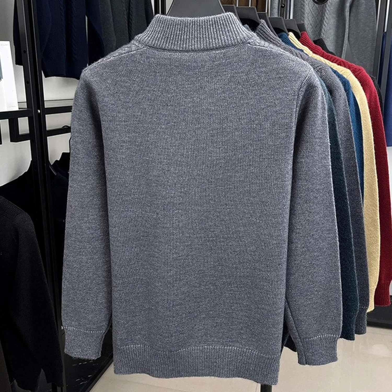 Мужской пуловер с воротником стойкой и четвертью пуговиц, Slim Fit, зимний, утепленный — фото 4