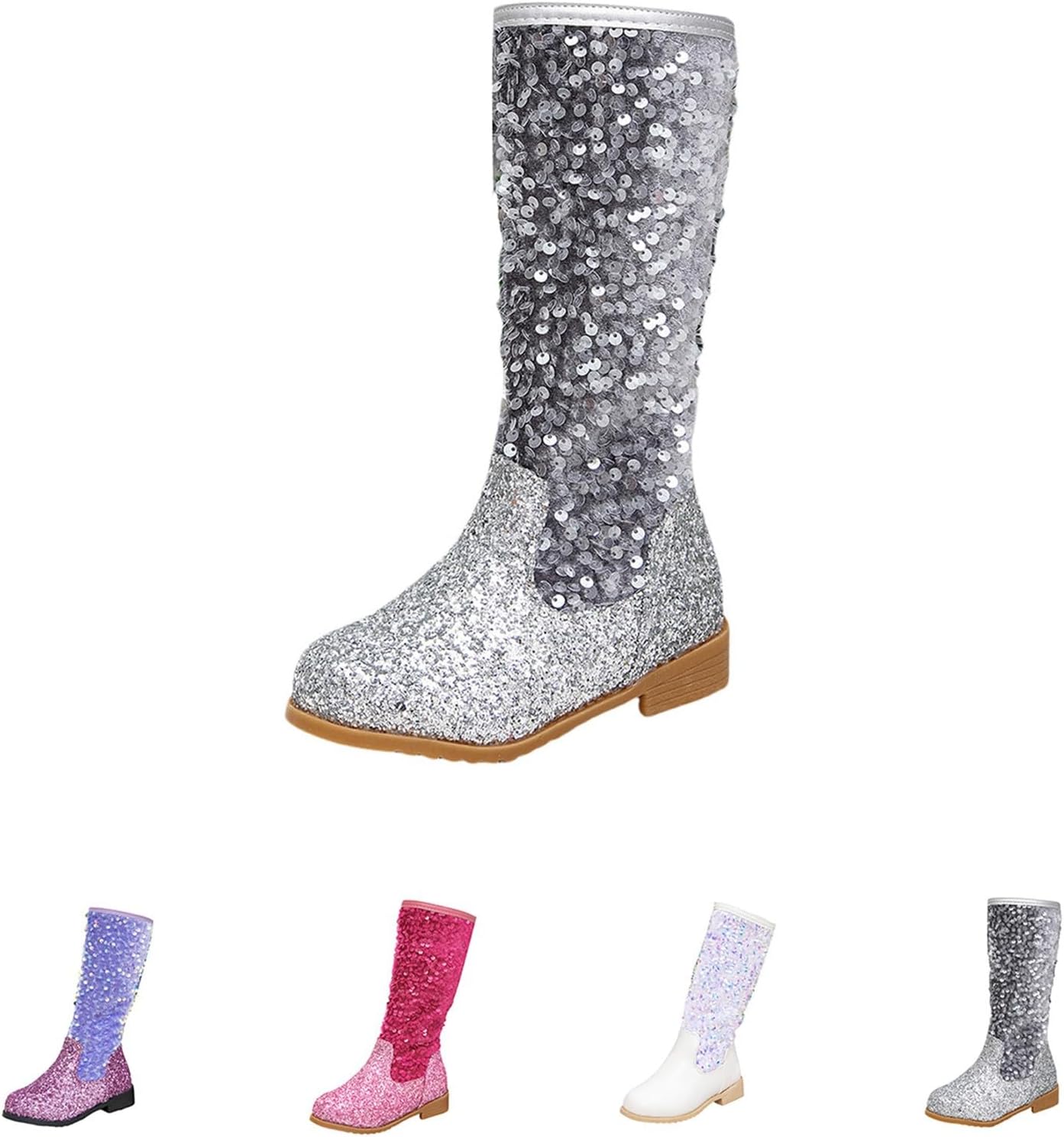 

Зимние сапоги для девочек 2025 года, зимняя мода, вестерн, блестящие, до колена, уличные, с пайетками, туфли для верховой езды, с боковой молнией Generic, серебро