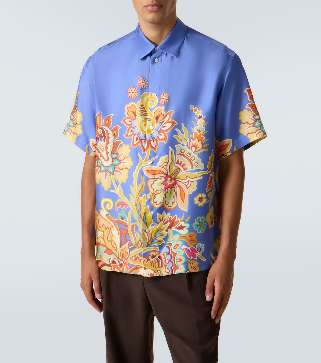Шелковая рубашка для боулинга с цветочным принтом Etro, Print On Pale Blue Base — фото 3