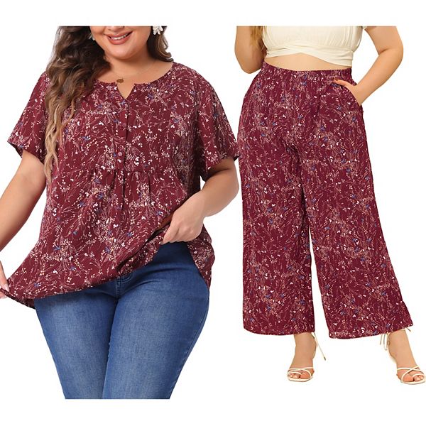 

Женский плюс сайз 2-комплектный курортный сет, блузка с коротким рукавом и брюки с высокой талией и широкими штанинами Agnes Orinda