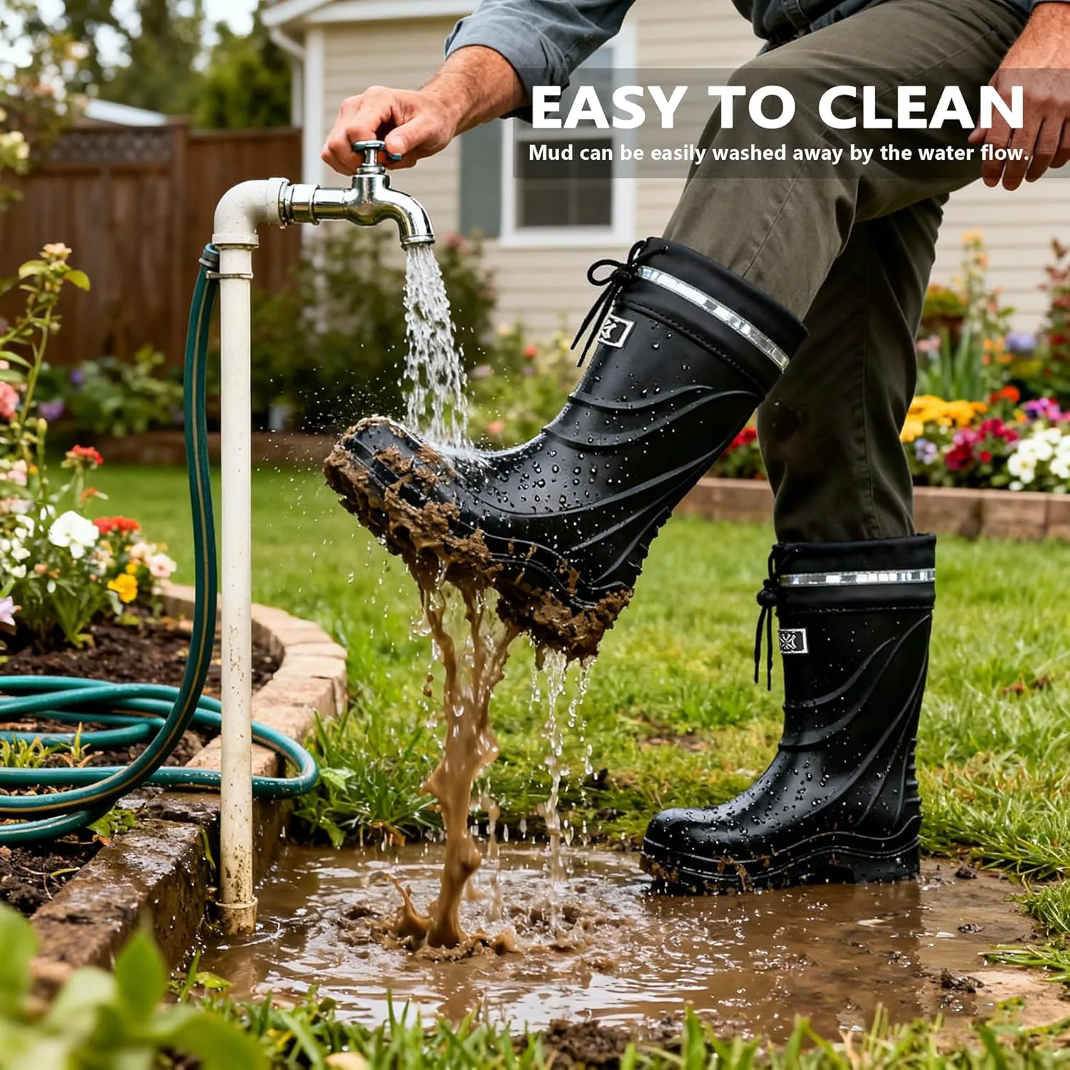 Мужские резиновые ботинки Men Rain Boots водонепроницаемые с уникальным PVC дизайном, удобные легкие рабочие грязевые ботинки, прочные, устойчивые к скольжению садовые ботинки для рыбалки, фермерства и садоводства GBWPRBMW, черный — фото 4