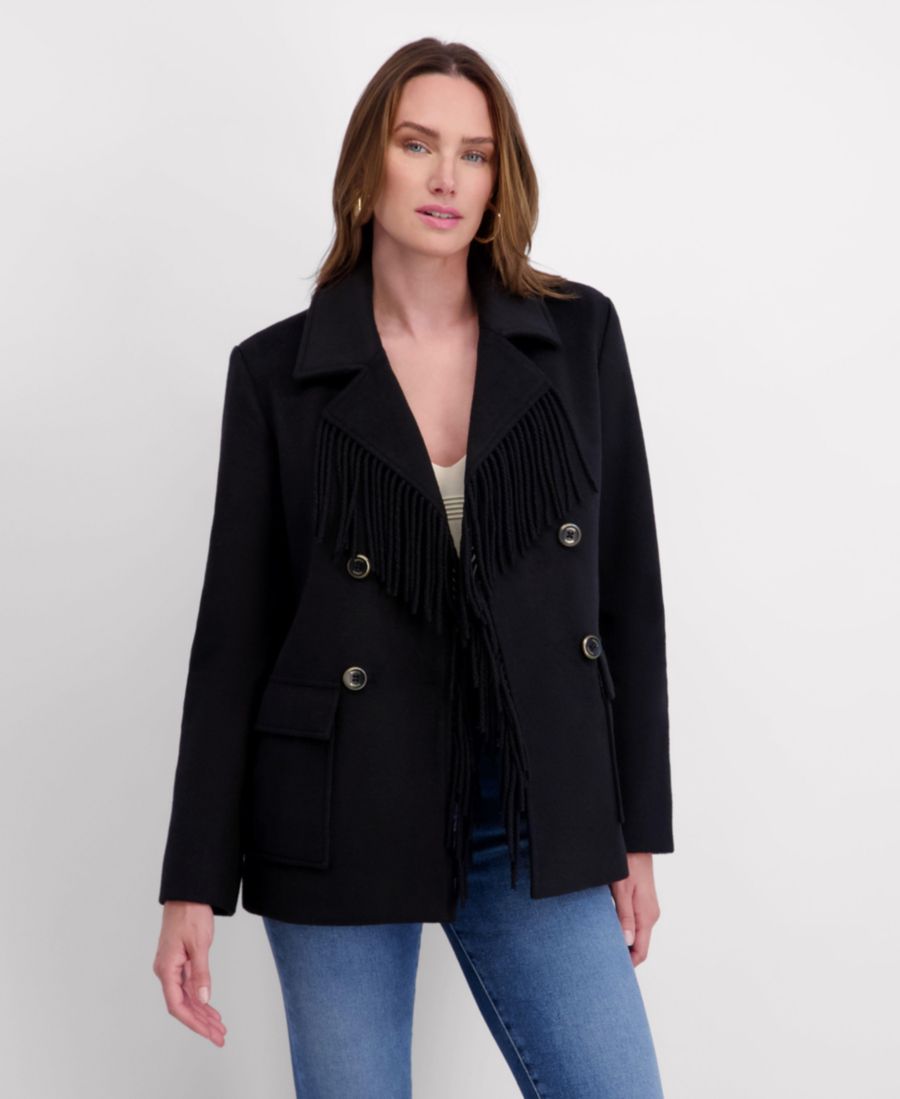 

Женский двубортный шерстяной жакет с накладными карманами и бахромой kensie, Black