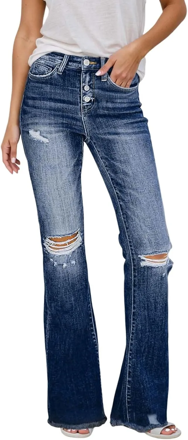 

Flare Jeans для женщин Mid Rise Bell Bottom, классические джинсы с потертостями, эластичные