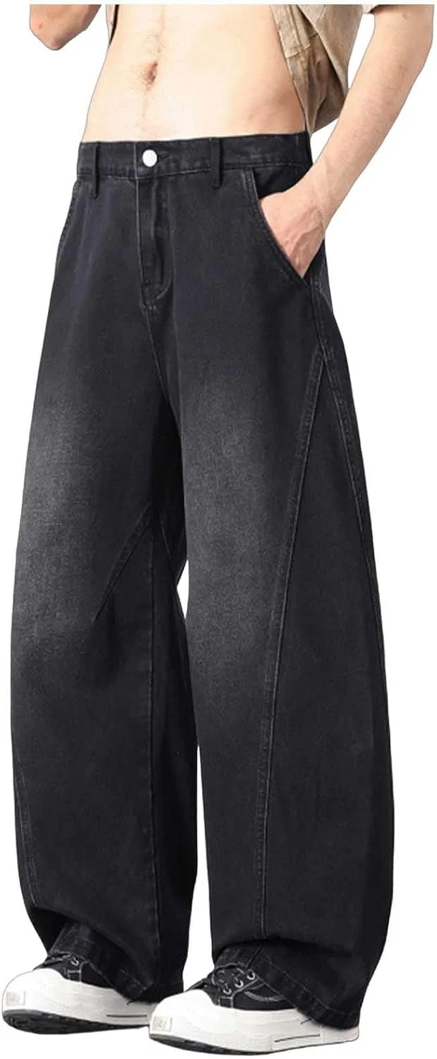 Джинсы прямые свободные Men's Full Length Casual Denim Pants Button Waist Baggy Straight Leg Trousers Fashion Boyfriend Jeans, Black