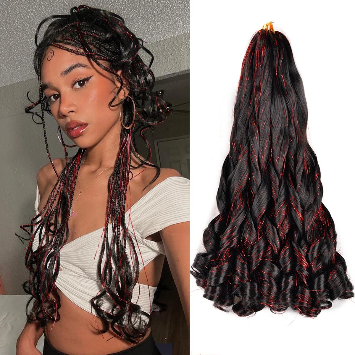 Наращивание волос Yufeihe French Curl Braiding Hair Yufeihe, #1B/Red Tinsel