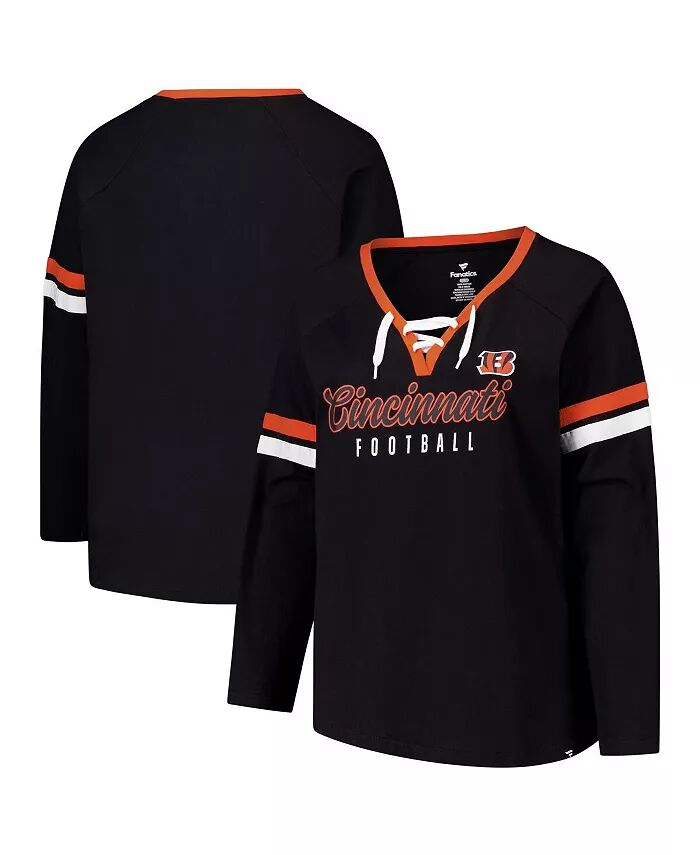 

Женская черная футболка Cincinnati Bengals Plus Size Won Done со шнуровкой и V-образным вырезом с длинным рукавом Fanatics