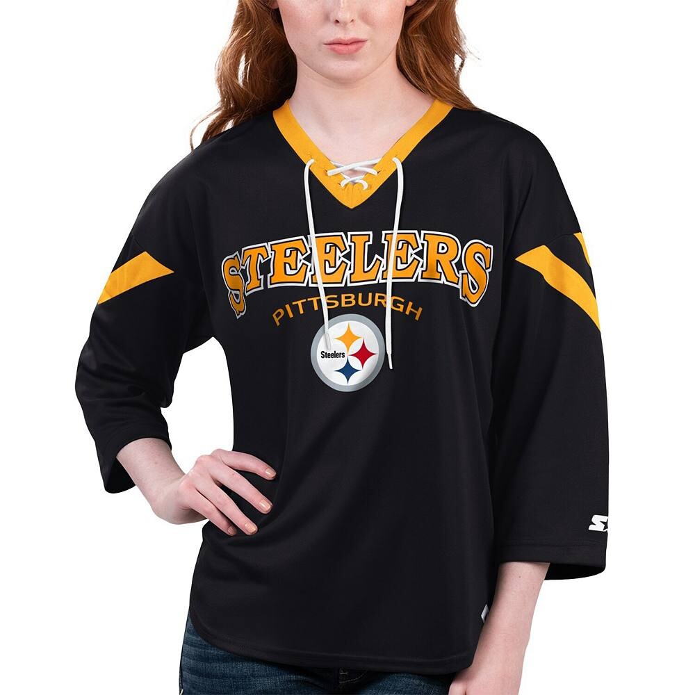 

Женская стартовая черная футболка Pittsburgh Steelers Rally со шнуровкой и рукавами 3/4 Starter, цвет Stl Black