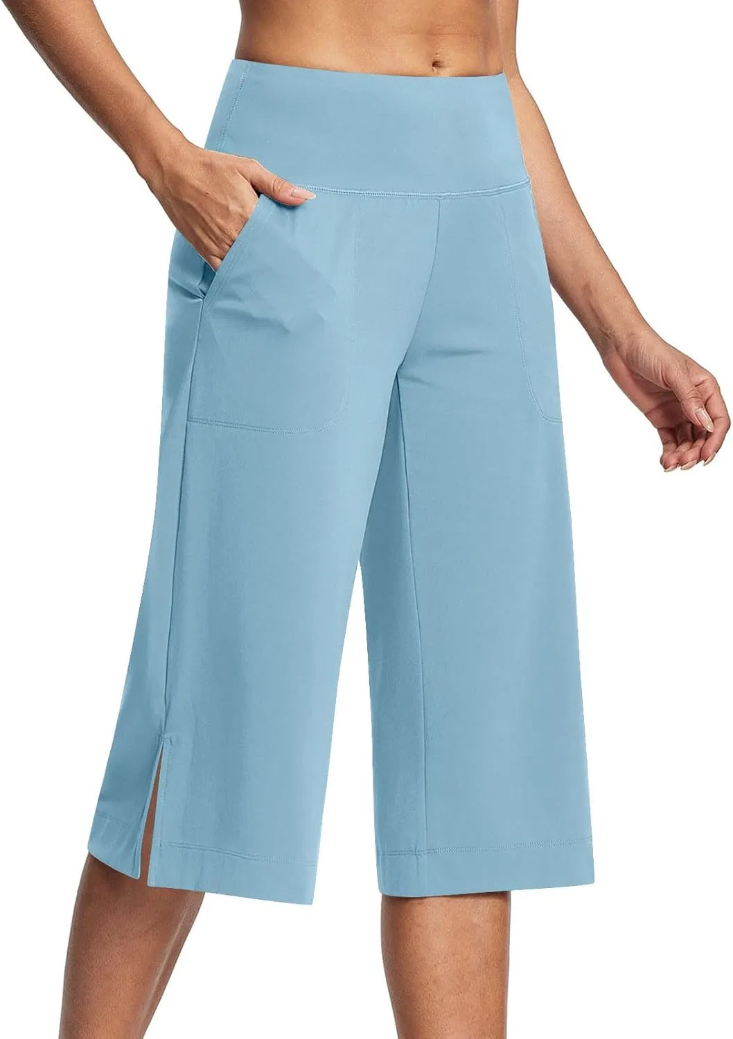 Женские капри с высокой талией, легкие, с карманами, Light Blue