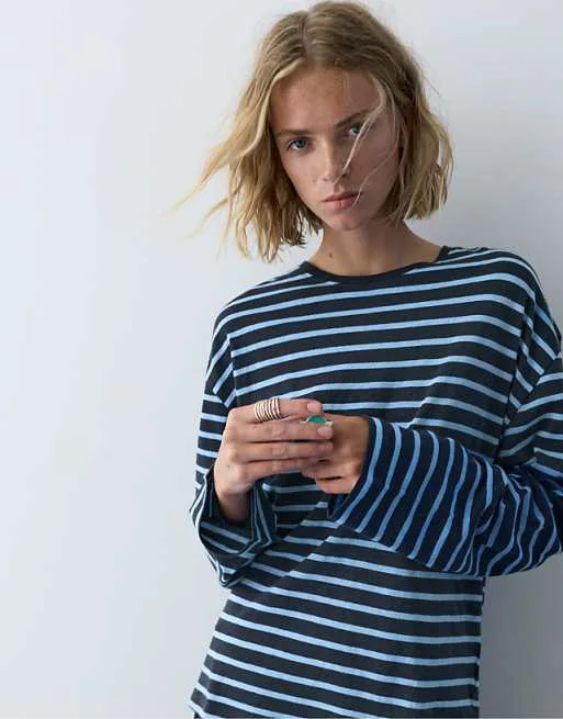 

Синяя футболка с длинными рукавами в полоску Pull&Bear, Синий, Синяя футболка с длинными рукавами в полоску Pull&Bear