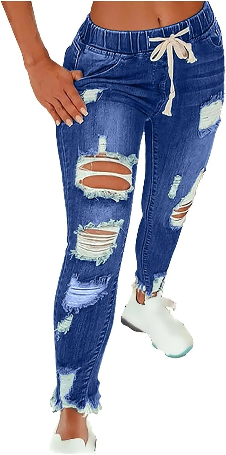 

Женские джинсы-джоггеры с эластичным поясом и карманами