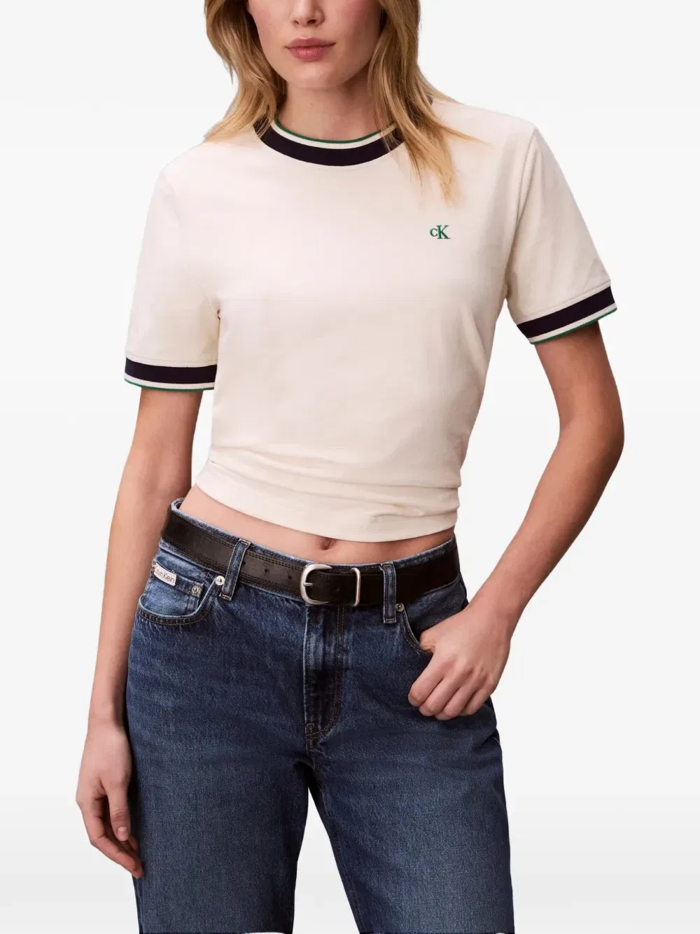 Футболка с вышитым логотипом и полосатой отделкой Calvin Klein, бежевый — фото 3