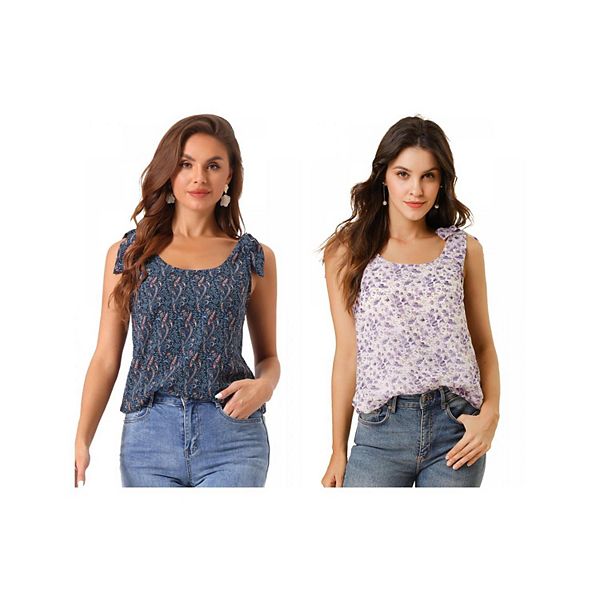 

2 упаковки женских летних блузок с цветочным принтом и бантом Inspire Chic, Lavender Dark Blue