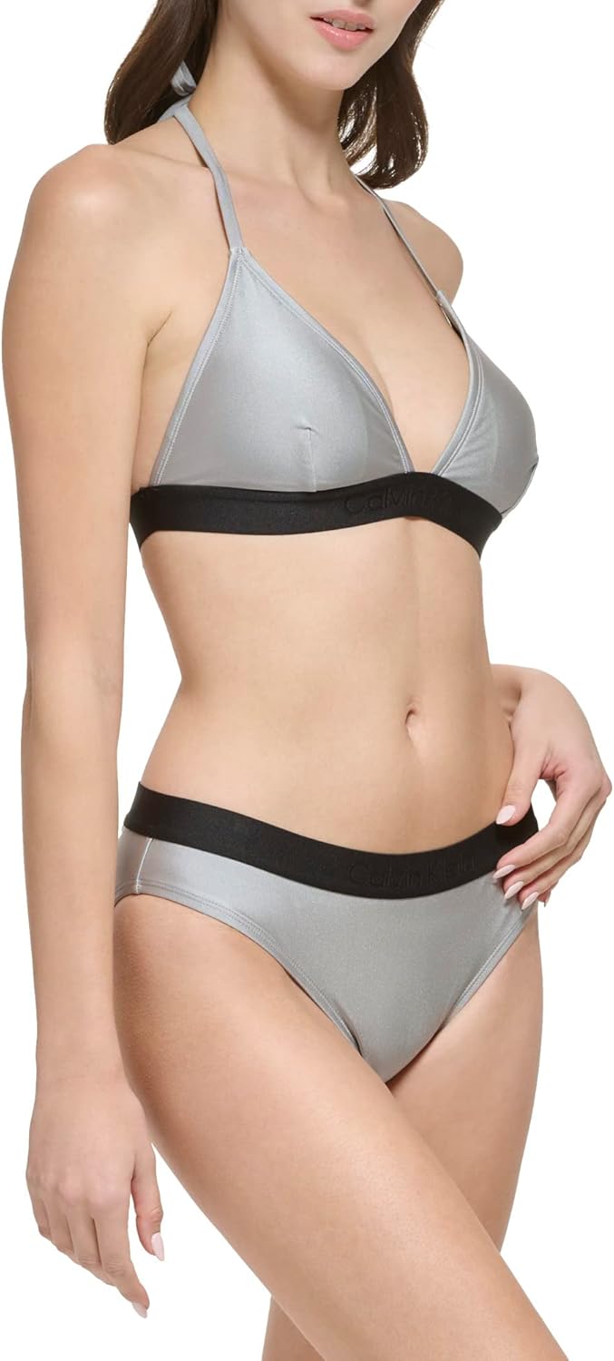 Женский комплект бикини Calvin Klein с заниженной талией и треугольными чашечками и логотипом, Platinum Shimmer — фото 2