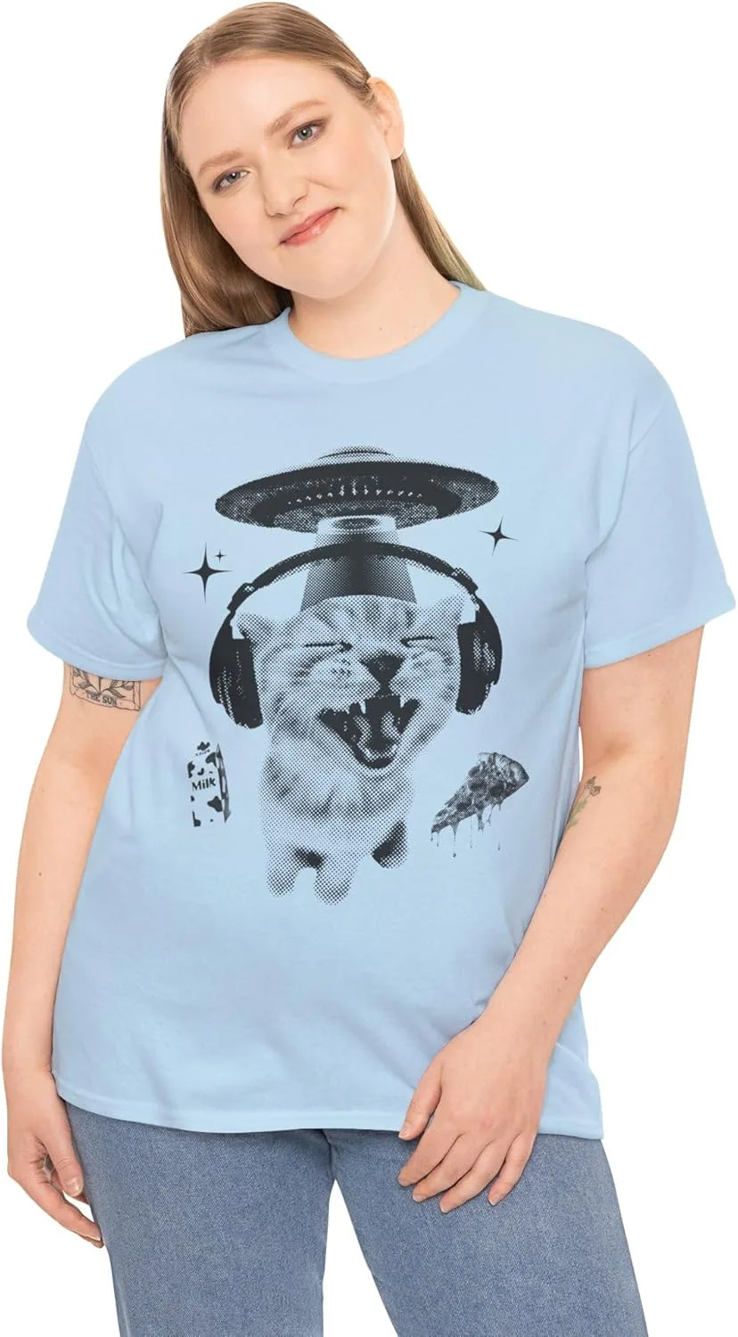 Футболка с принтом Alien Cat Meme, забавный винтажный бутлег 90-х, UFO y2k GENERIC, светло-голубой — фото 3